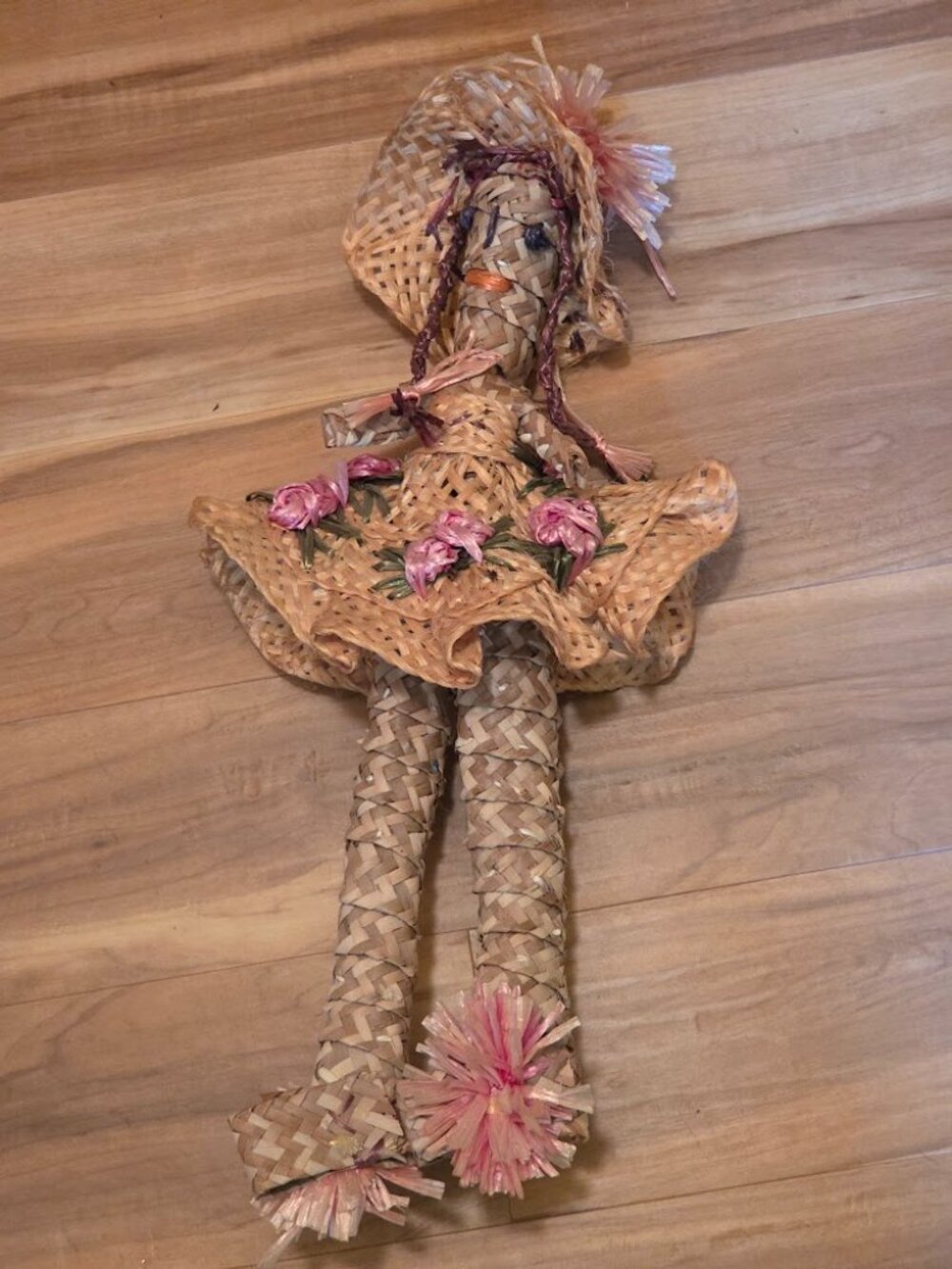 Hand Made Basketweave Straw Doll From Bahamas 19" Festive, Retro VTG